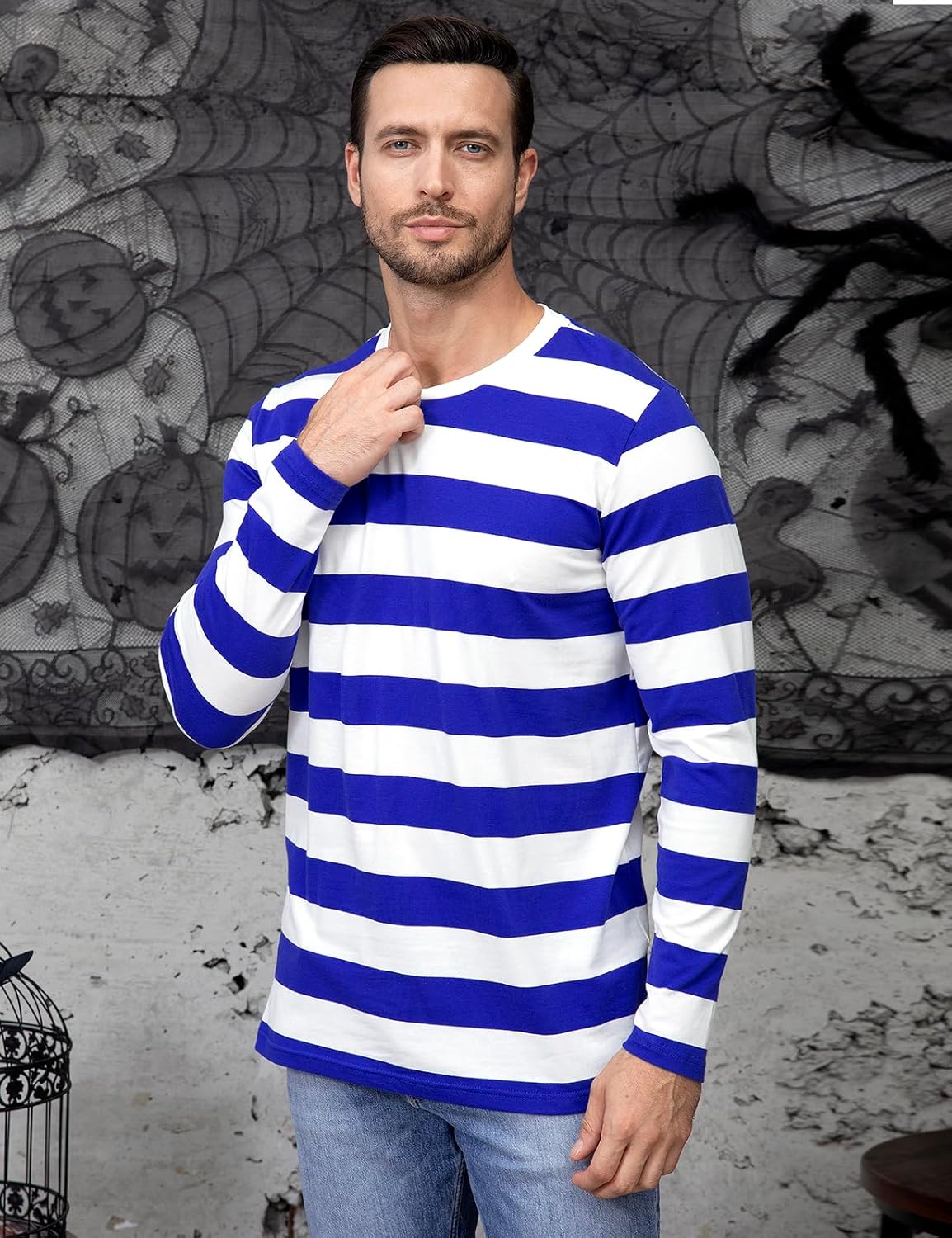 Funny World Men's Striped T-Shirt Crewneck Long Sleeves Basic Casual Top - Image 4