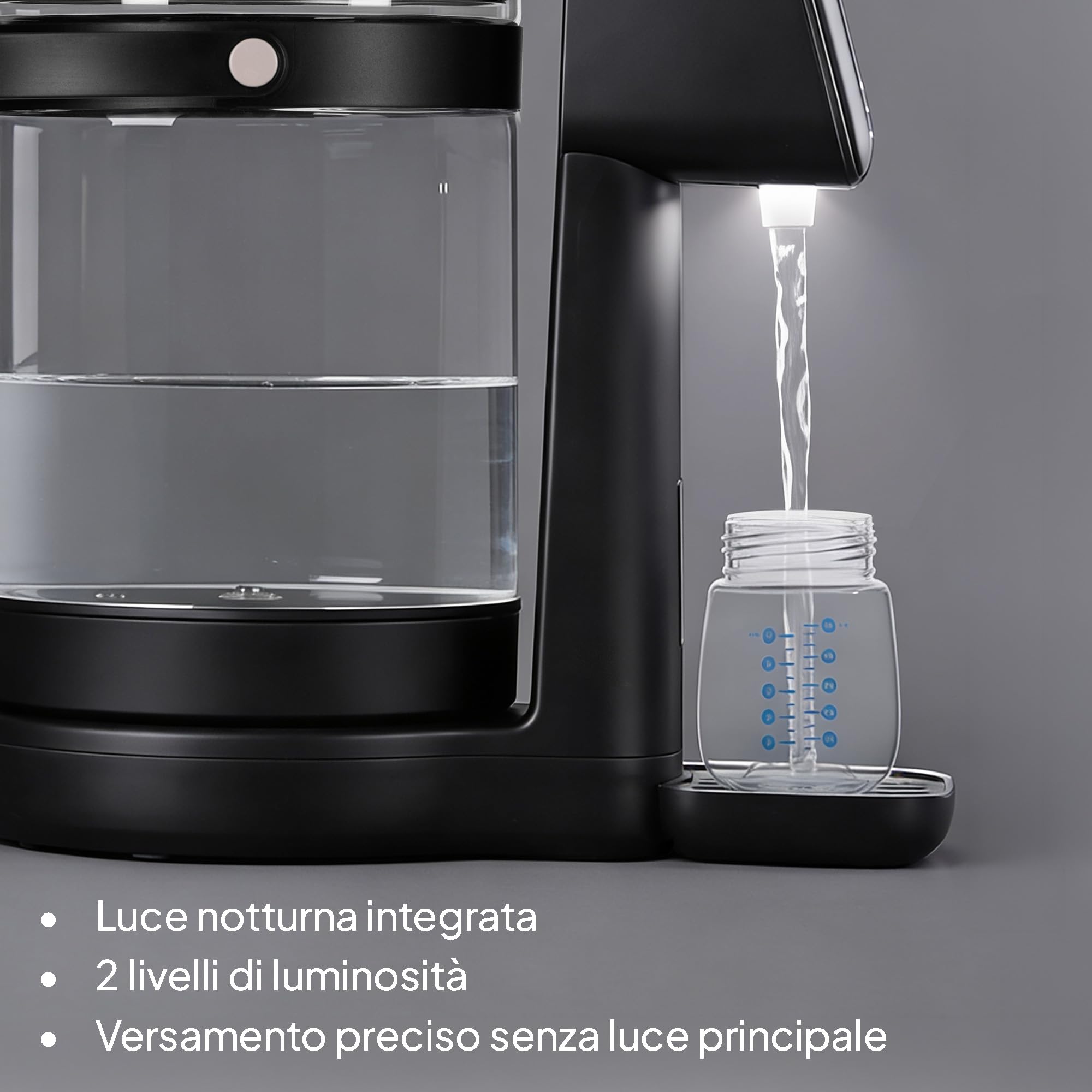 Lionelo BABYPRESTO 2.0 Preparatore Istantaneo di Latte in polvere con Temperatura Regolabile 40-100°C, Dosaggio Automatico 30-300 ml, Formula Scaldabiberon, Dispenser Acqua 3L, Declorazione, Igiene UV