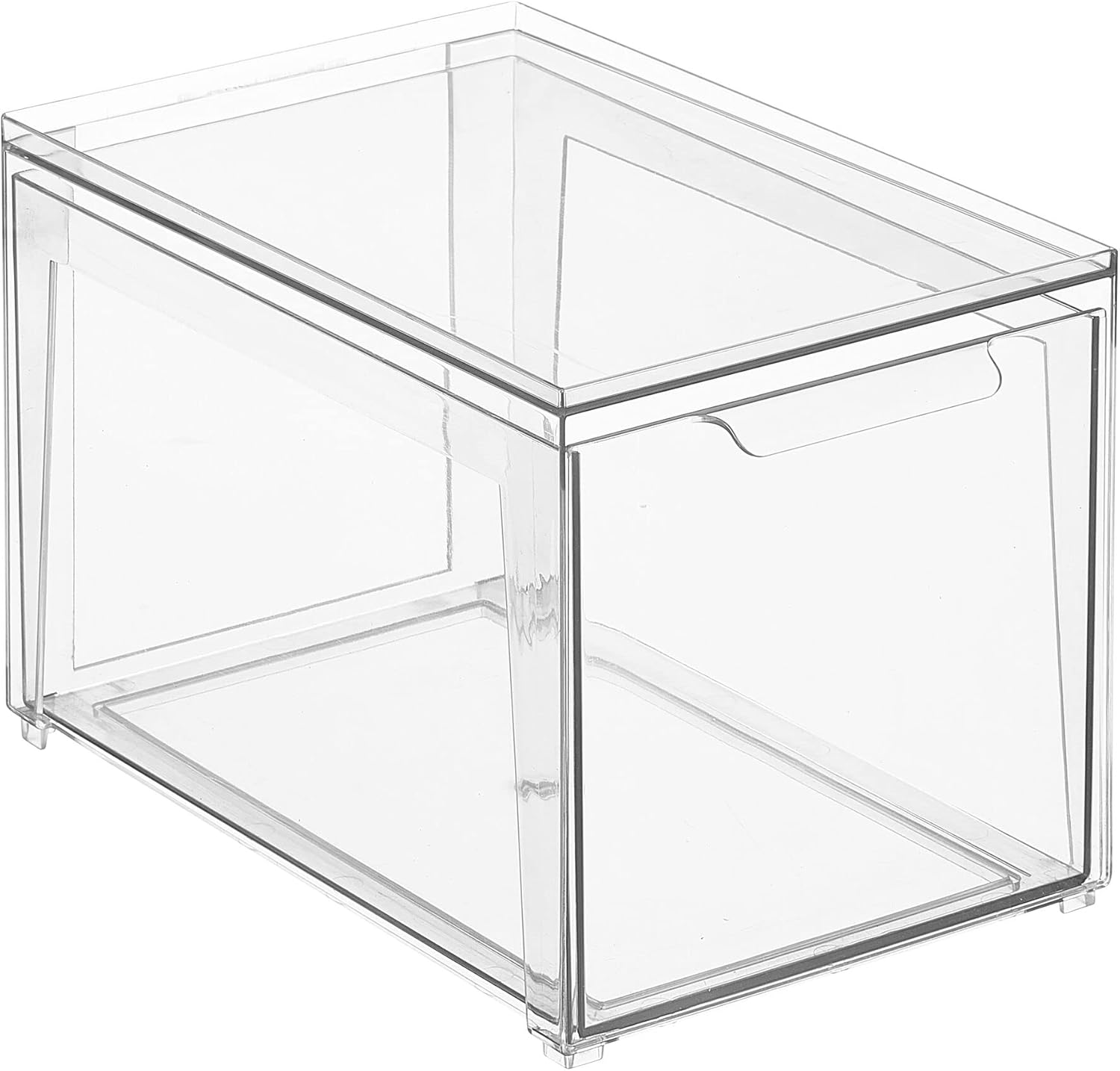 A hand pulling out the clear drawer from an mDesign storage bin.