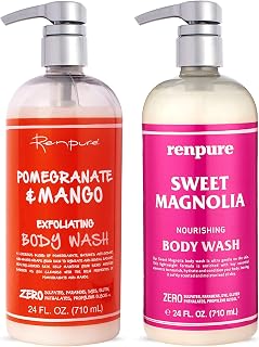 Renpure Pomegranate Mango & Sweet Magnolia Moisturizing Body Wash for Dry Skin 2Pk â€“ Gentle Exfoliating & Hydrating Natural Antioxidant Shower Gel & Sensitive Skin Body Wash with Pump for Women