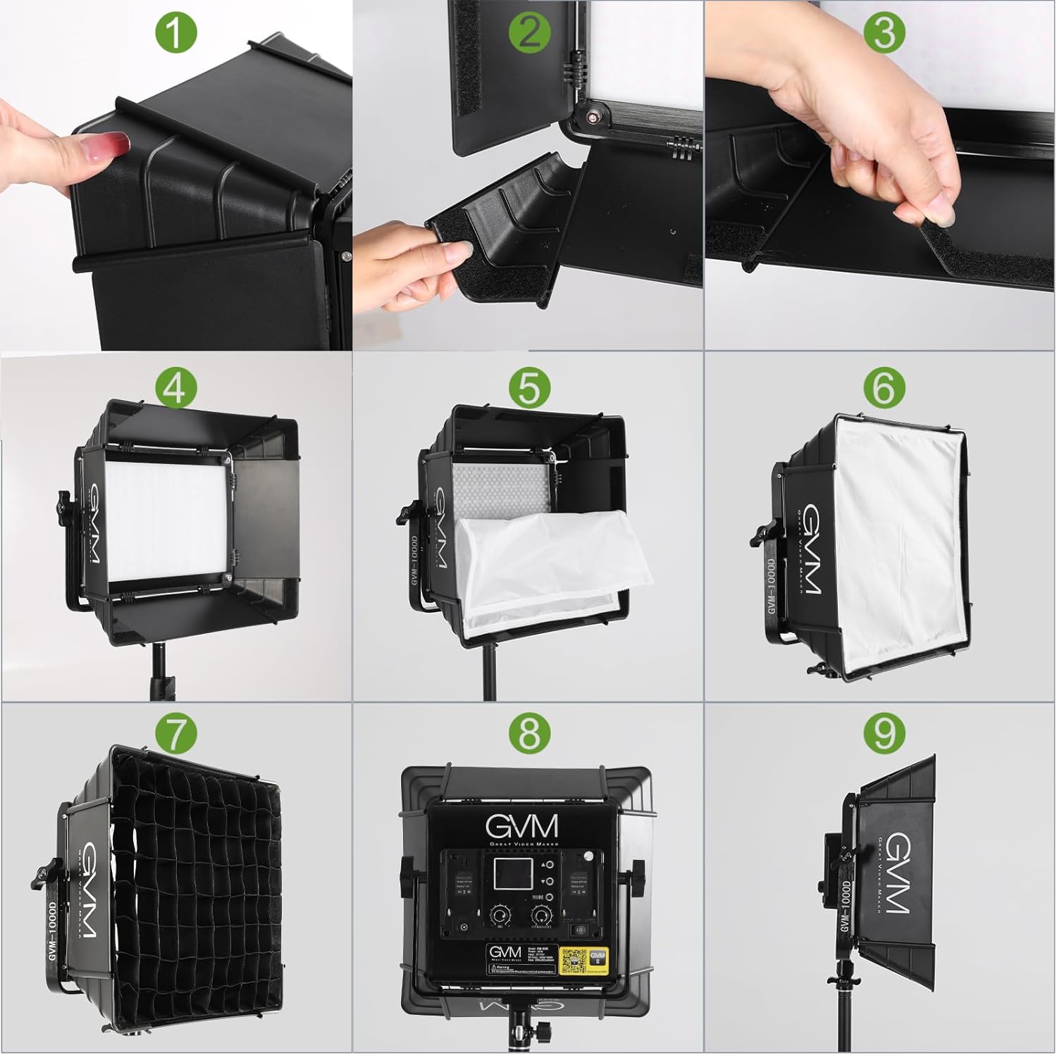 GVM 2 Packs Foldable Softbox Diffuser with Grid Beehive for GVM 1000D Series Video Light, Suitable for Studio Lighting, Portrait Photography, Led Panel, Gaming, Filming
