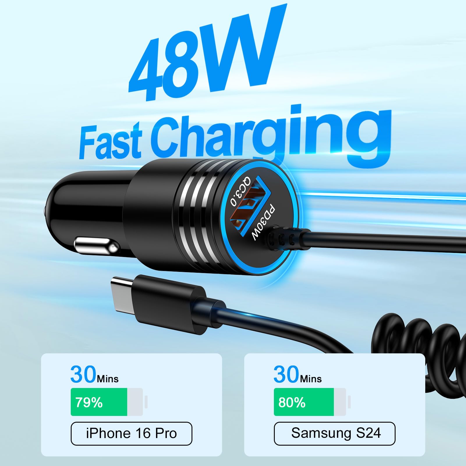48W Car Charger USB C Fast Charging for iPhone 16e 16 Pro Max,16 Plus,16 Pro,16 15 Samsung Galaxy A16 A35 A15 A26 A36 A56 s25 Ultra,3ft Type C Coiled Cable Super Fast Car Phone Android Charger Adapter