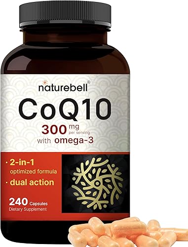 NatureBell CoQ10 300mg con Omega 3, 240 cápsulas - Suministro para 120 días  Forma estable de alta absorción - Soporte antioxidante para la salud