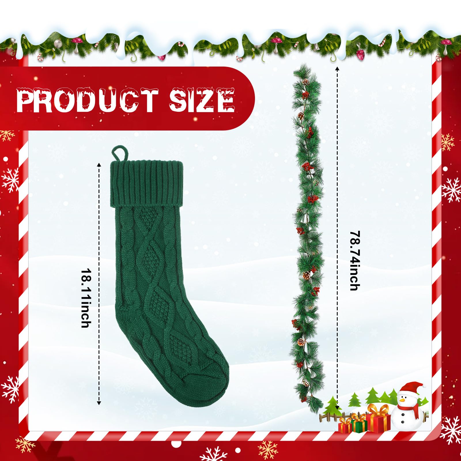 Shappy 6 Stück gestrickte Weihnachtsstrümpfe mit 1,8 m künstlicher Weihnachtsgirlande mit roten Beeren Tannenzapfen Weihnachtsdekoration für Familie Urlaub Xmas Party Kamin Kaminsims Stairecase Indoor