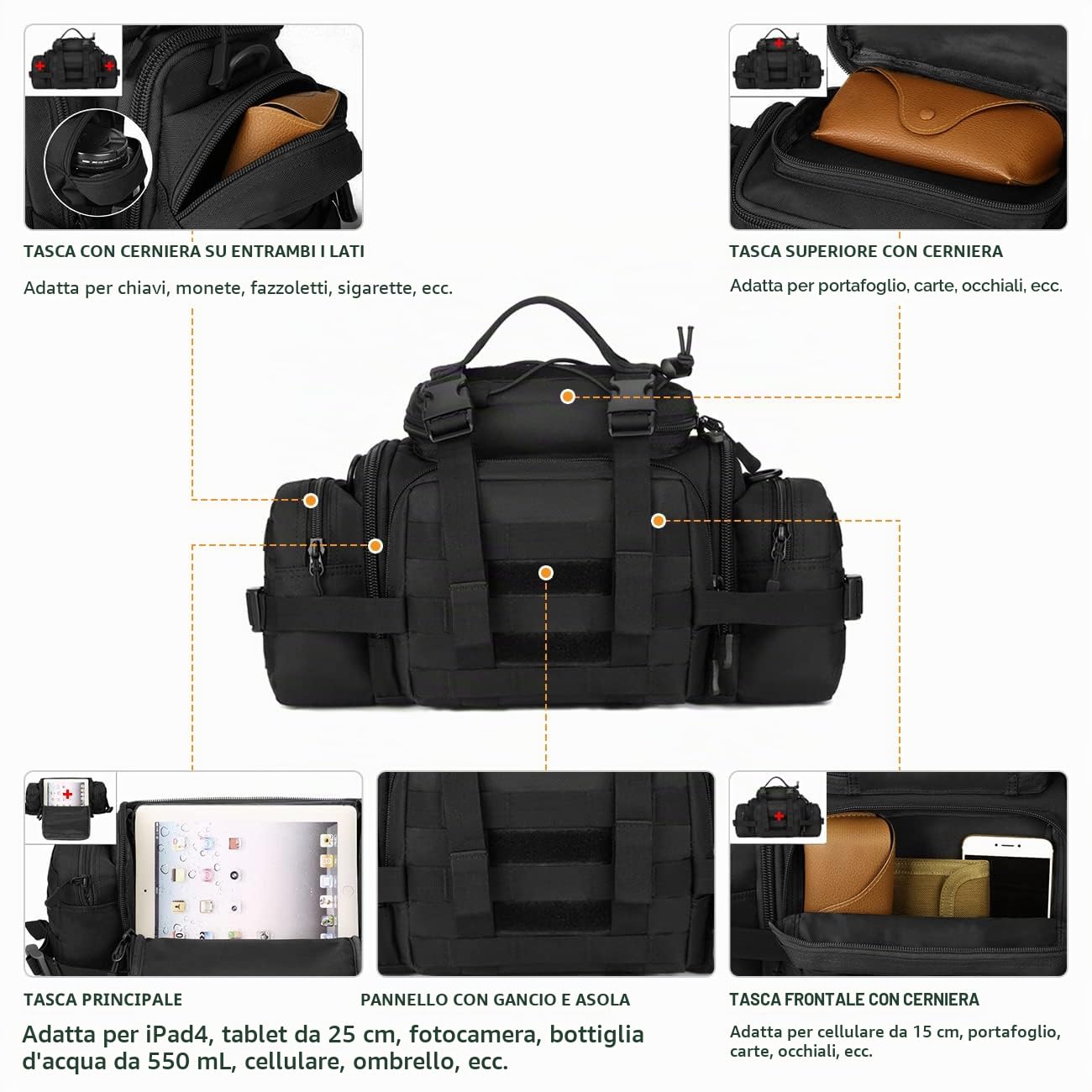 Huntvp Tattico Marsupio Grande Uomo Multifunzione Borsa a Tracolla Militare Molle per Sport Lavoro Outdoor Campeggio Escursione Ciclismo Trekking, Nero