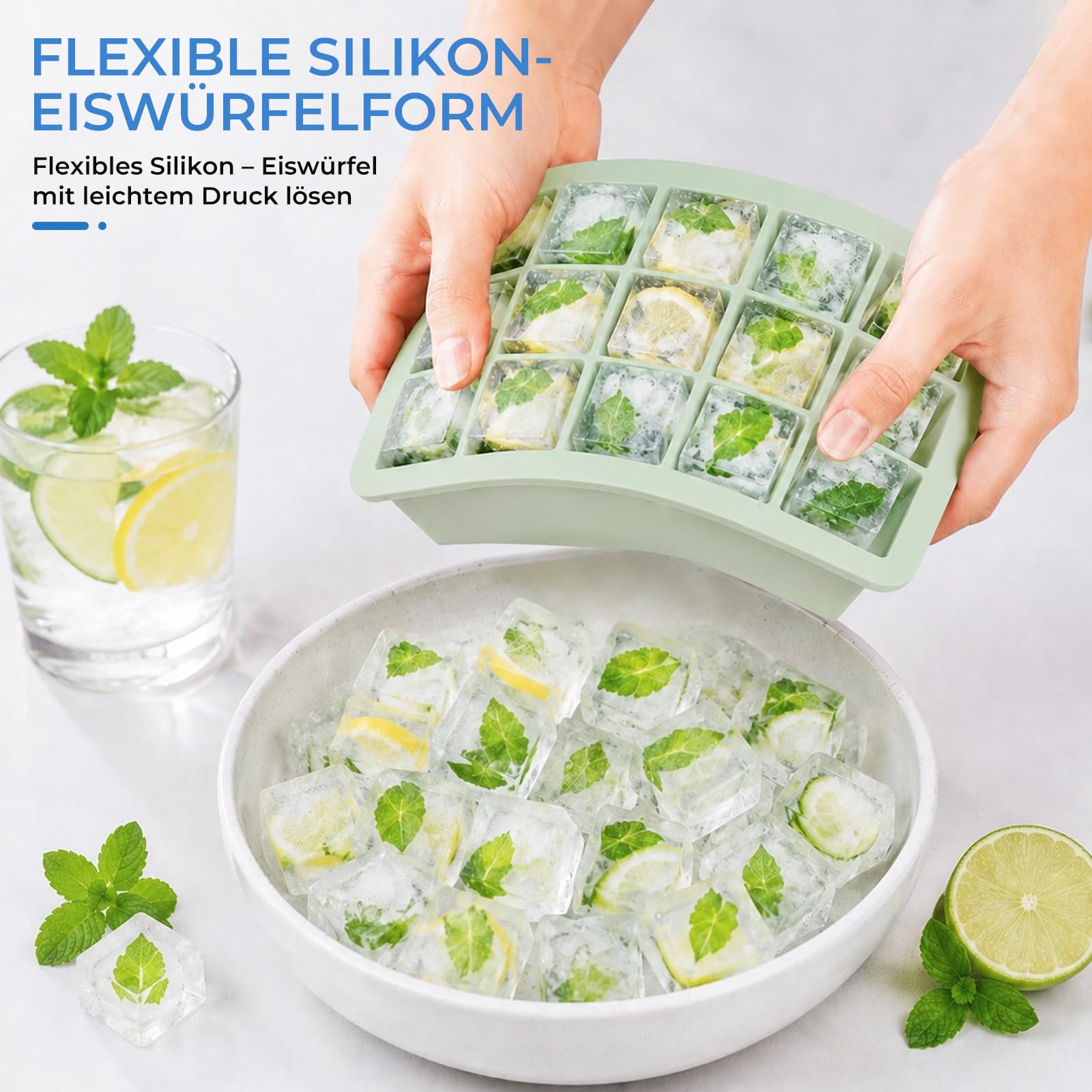 Pack 2 Cubiteras Silicona anti-olor con Tapa, 15 cavidades cada una, fácil de desmoldar, apilable, aptas para lavavajillas, LFGB sin BPA. Para hielo de café, whisky, purés. Verde