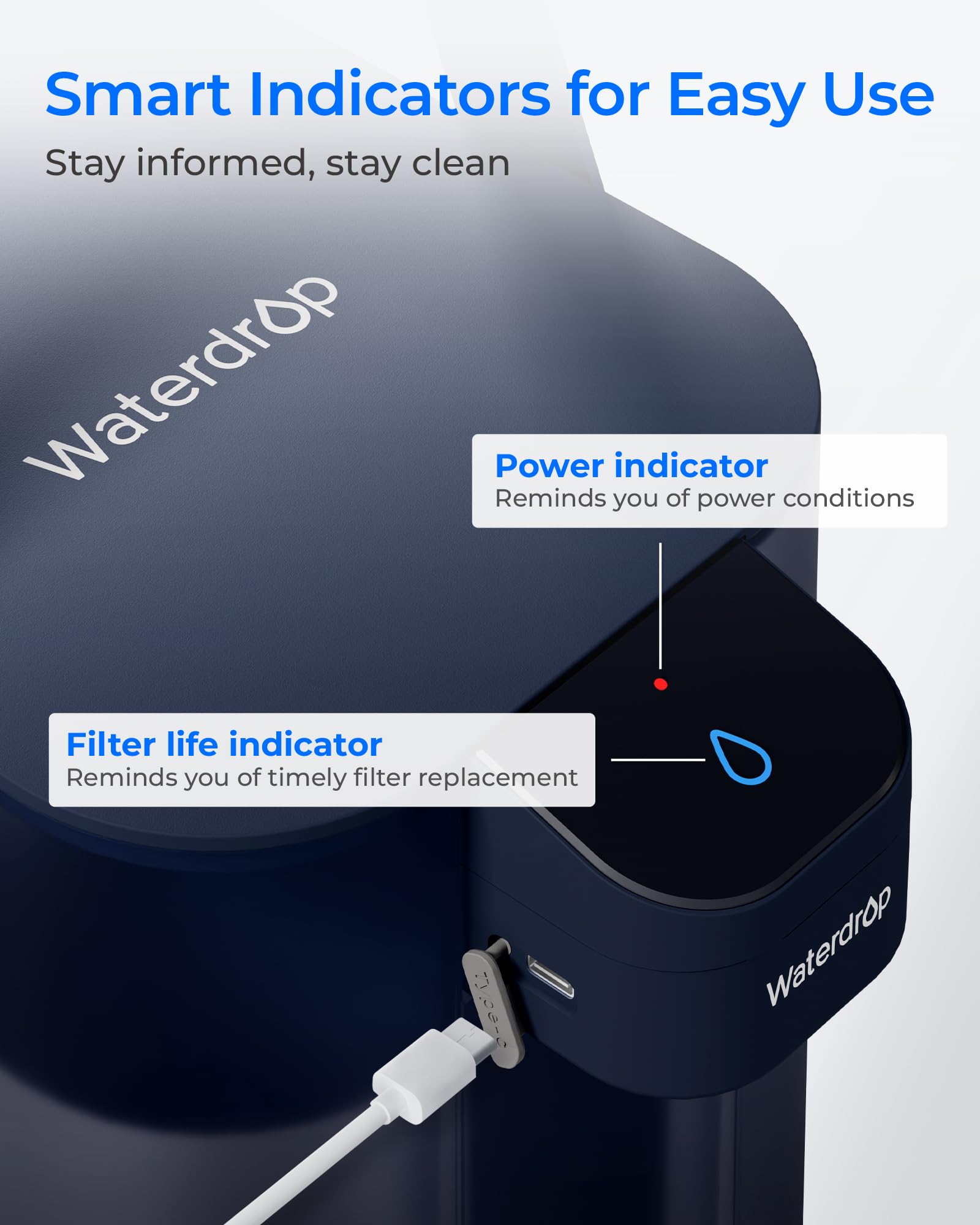 Waterdrop Pichet à eau électrique à action instantanée et filtre de 3 mois - Système de filtration d'eau de 3,5 l - Réduit 98 % de chlore et plus de 20 impuretés - Bleu
