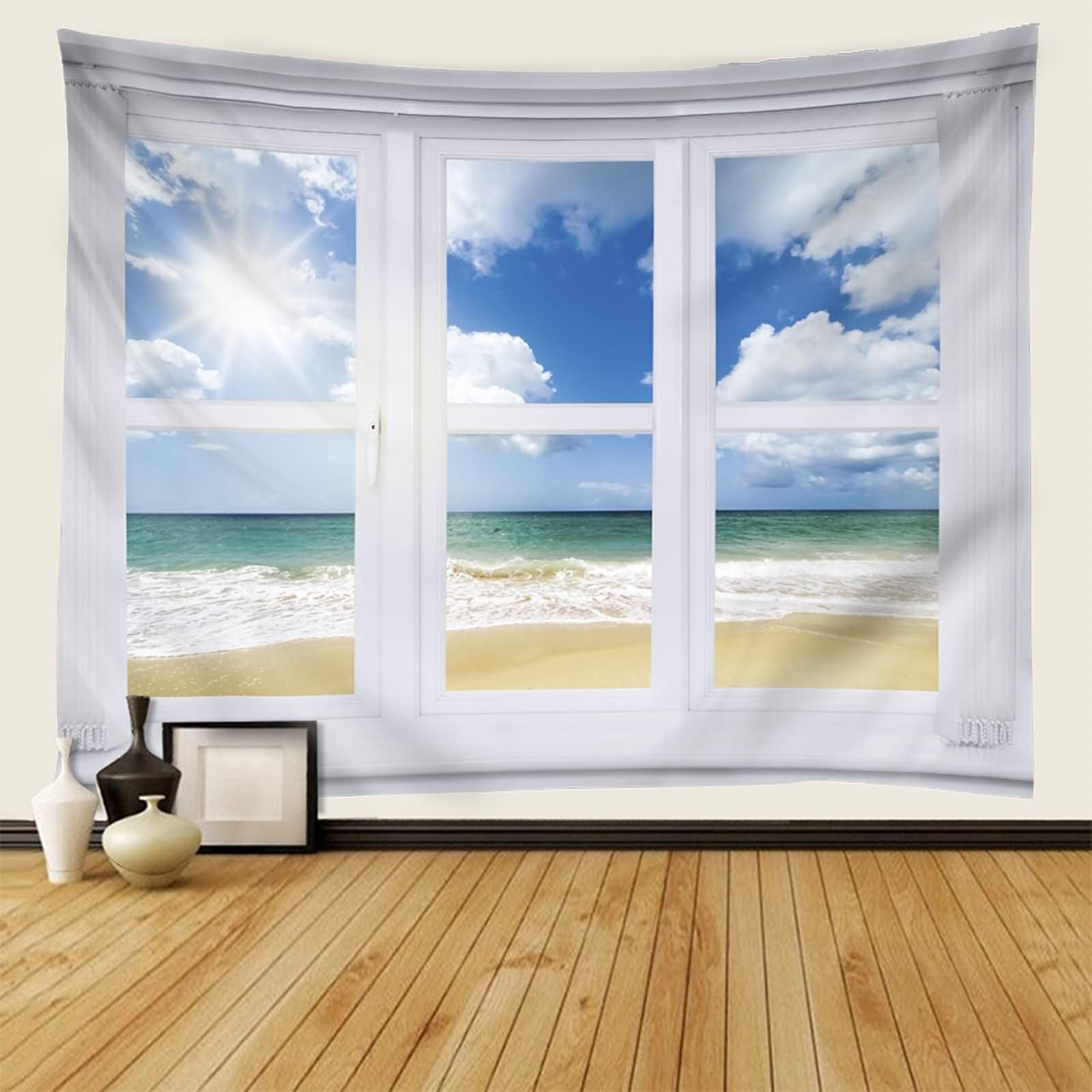 Homxi Wandteppich Klein 260 x 240 CM,Fenster Küstenlandschaft Tapestry Wanddeko Schlafzimmer Polyester Blau Weiß