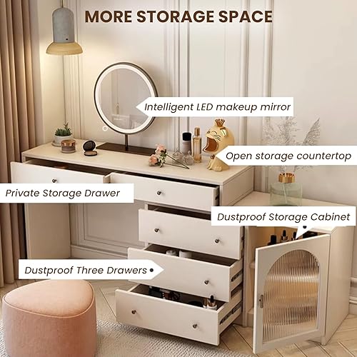 Miniatura 5 de Escritorio de tocador con espejo iluminado LED, mesa de maquillaje con cajón grande y gabinete, 3 modos de iluminación de brillo ajustable, tocador