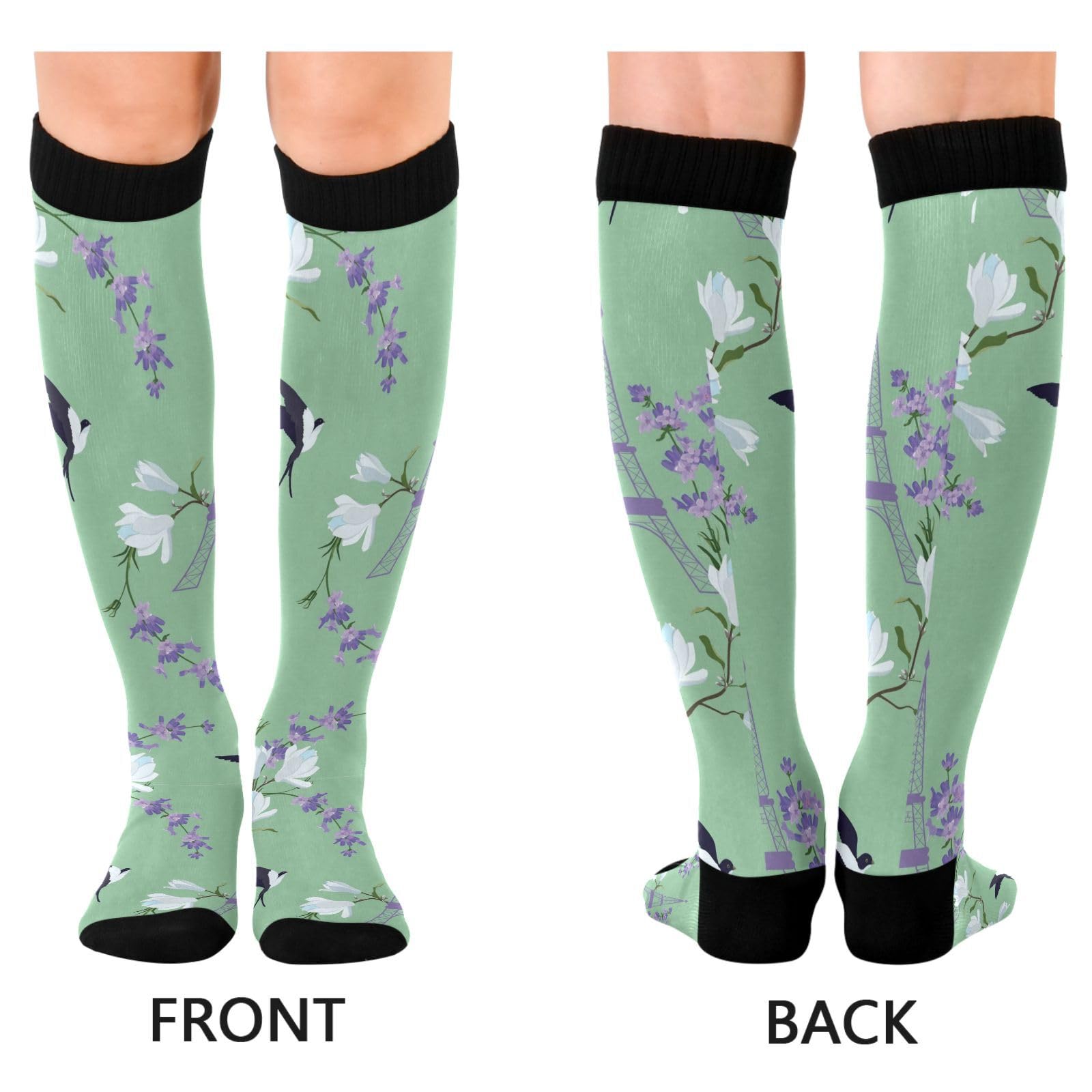 Dussdil Eiffel Tower Lavender Magnolia Swallow Compression Socks for Women Men Circulation Long Knee Socks for Sport Running Cycling Stockings