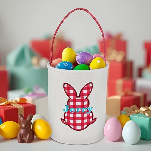 Vista 24 de Cesta de Pascua para niños, cesta de conejo de Pascua de VAPCUFF personalizada, cesta de Pascua con nombre, diseño de conejito de cuadrícula azul