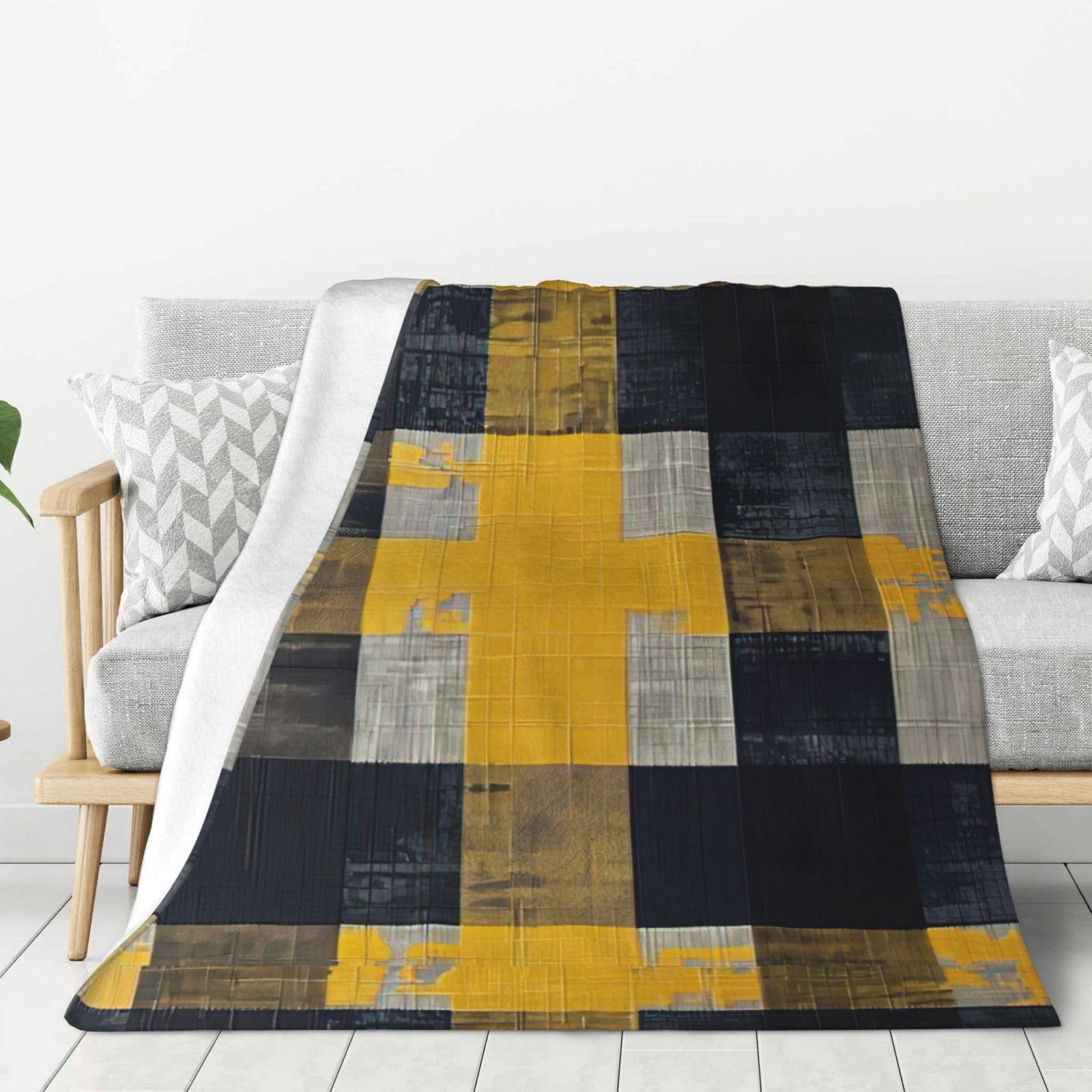 Plaid flanelle super douce contre le froid couverture chaude à carreaux jaune et gris