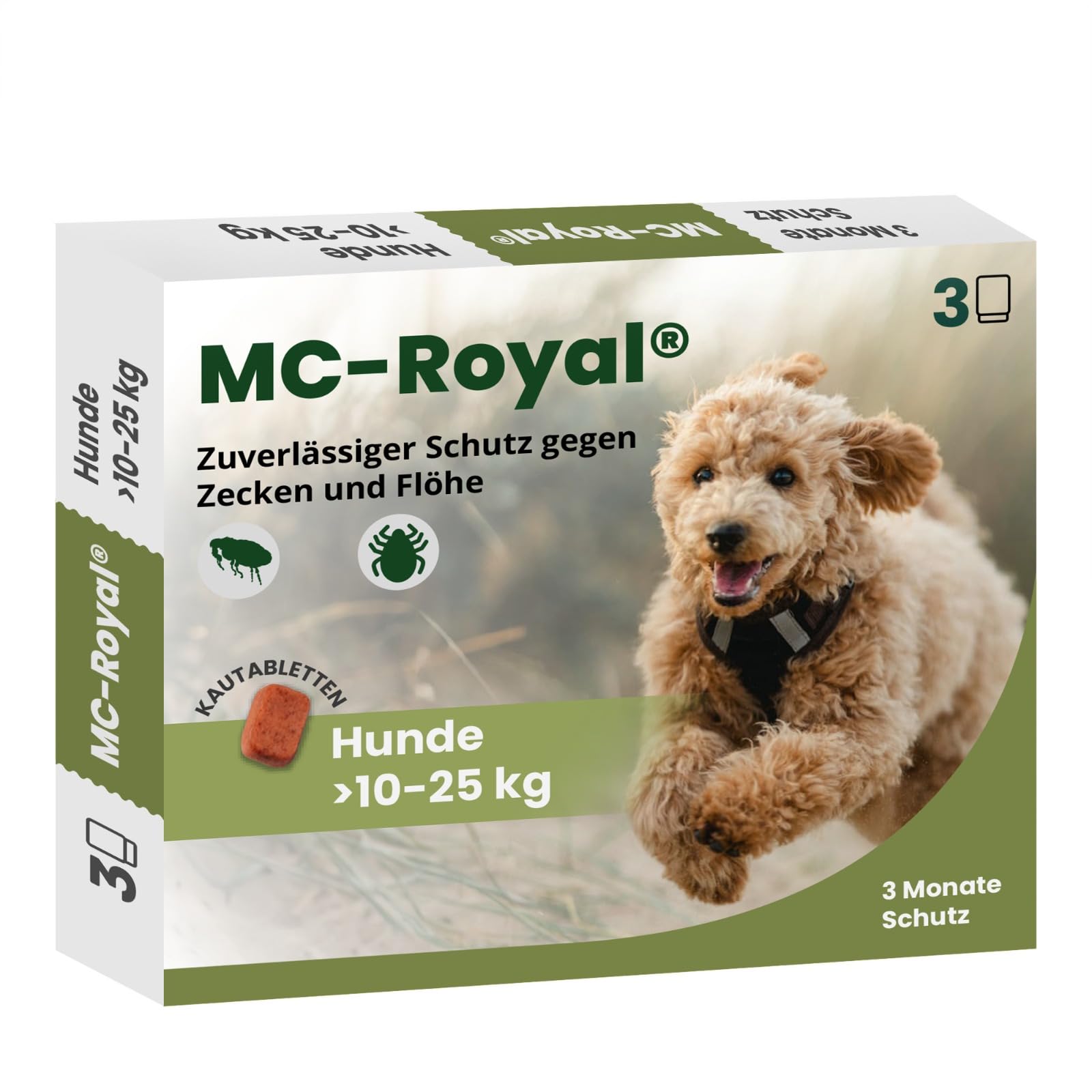 MC-Royal® Pastilla masticable para perros contra garrapatas y pulgas [3 meses de protección fiable] – Protección eficaz contra garrapatas y pulgas – para perros grandes de 10 a 25 kg