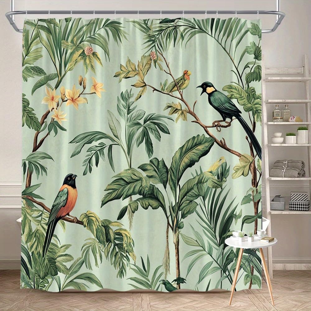 GLWDMB 1 Piece 180x200CM Tropical Birds and Lush Botanical Printed Shower Curtain With Hook, Polyester, for Windows And Walls, Bathtub, Bathroom, Machine Washable, All Season Universal