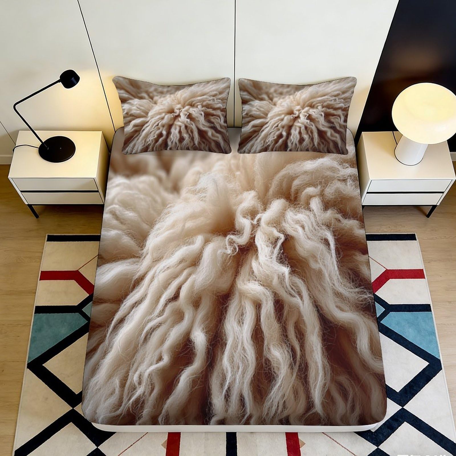 3D Printed Fluffy Cream Texture Fitted Sheet Microfiber Soft Bedroom Decor Wool Pattern Mattress Cover for Home Dorm 200x200x25cm