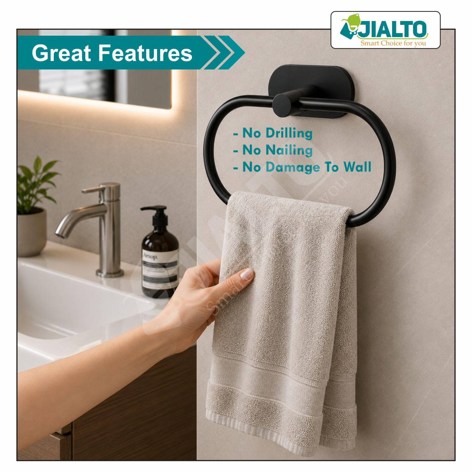JIALTO 1 PCS Self Adhesive Towel Ring Matte Black, Oval Shaped Modern Hand Towel Holder, Stainless Steel Adhesive Hand Towel Hanger for Bathroom & Kithen Wall Mount (No Drilling) (Black) — Amazon image 7