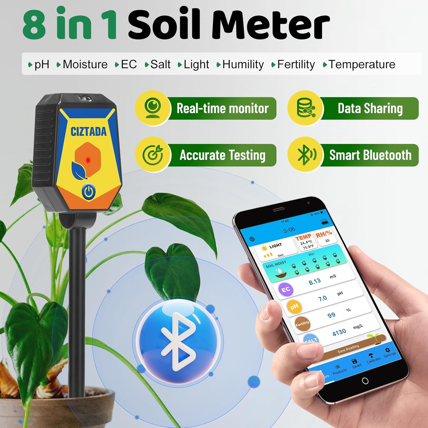 Smart Soil Moisture Meter pH Salinity Tester 8 in 1 Moisture pH Light Environment Humidity Fertility EC Salt Temp Soil Meter for Indoor/Outdoor Plants with App Monitor for Garden, Lawn, Farm
