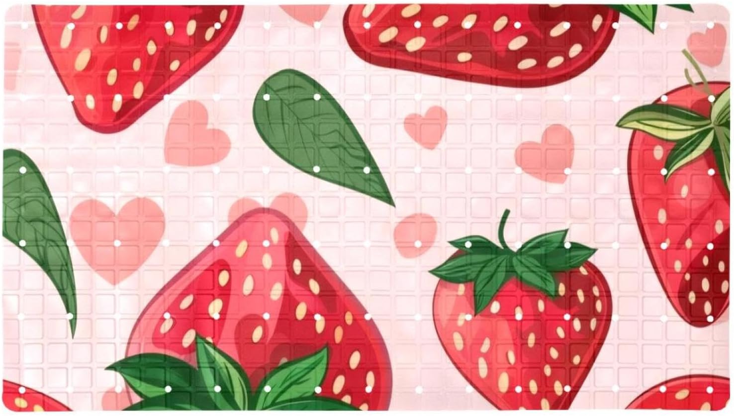 Non Slip Bath Mat for Tub, 15.1 x 26.8 Inch Bathtub Mat Machine Washable Shower Mat with Drain Holes and Suction Cups, Strawberry with Green Leaves Pink Hearts