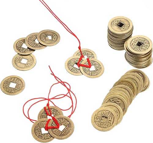 Miniatura 7 de Boao 50 monedas chinas de Feng Shui de 1 pulgada y 5 juegos de monedas de la fortuna I Ching con cuerdas rojas para riqueza y buena suerte