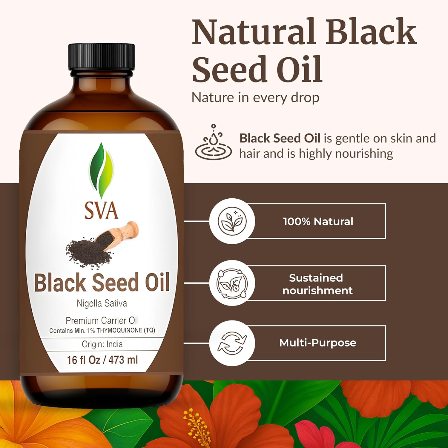 SVA Black Seed Oil - 16 Fl Oz – 100% Natural Cold Pressed Black Seed Oil - for Face, Skin Care, Hair Care, Scalp Massage & Body Massage – Carrier Oil