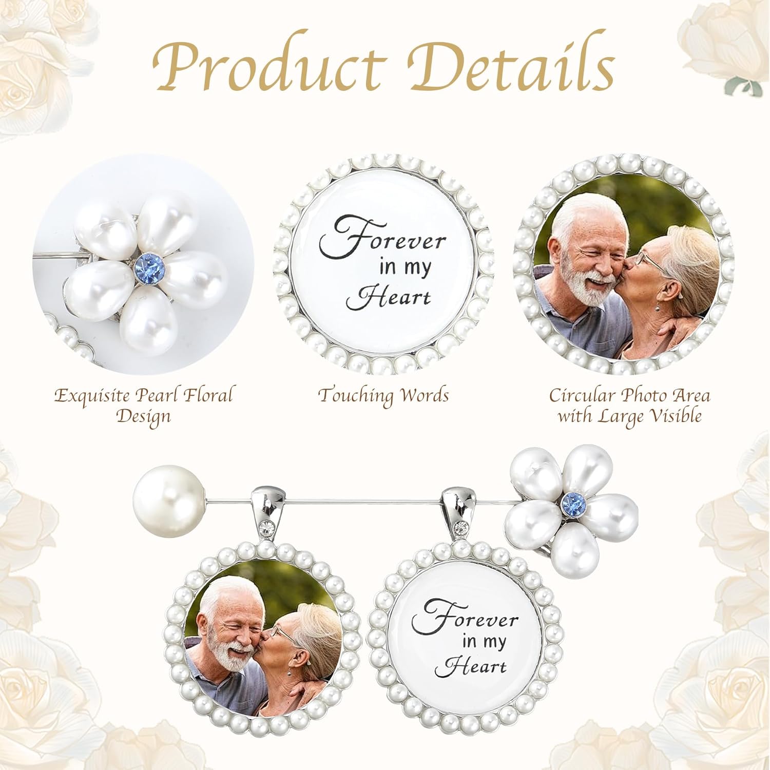 Wedding Bouquet Photo Charms Something Blue Gift for Bride, Pearl Floral Bouquet Charms for Wedding Memory, Something Blue Bride Memorial Gift, Silvery Bridal DIY Photo Frame Pin - Image 3