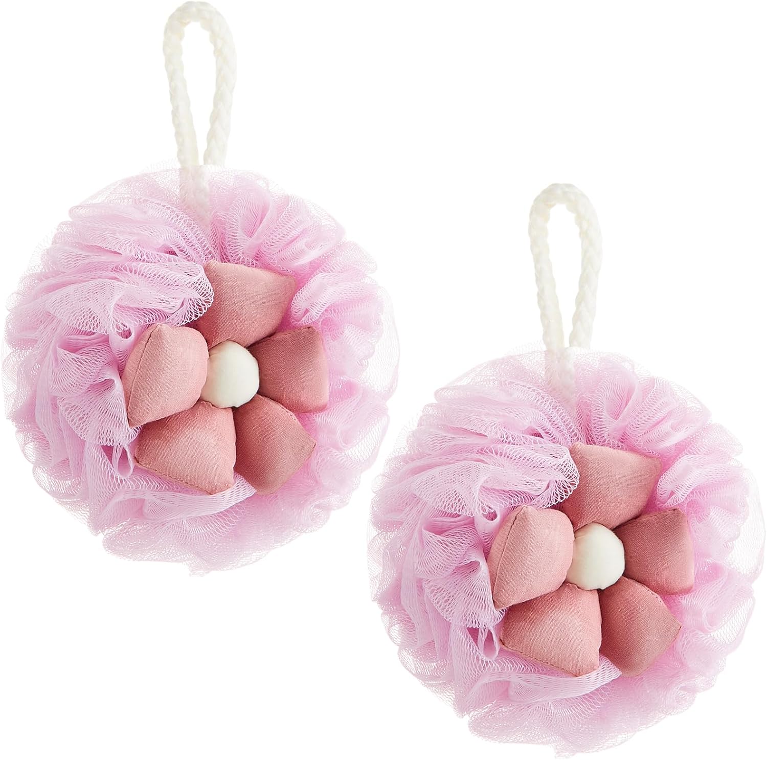 2 Pack Cute Flower Loofah for Women, Bath Loofah Sponge, Mesh Pouf Flower Body Scrubber, Exfoliating Shower Sponge, Bath Scrubber for Sensitive Skin in Beauty Bathing Accessories(Pink)