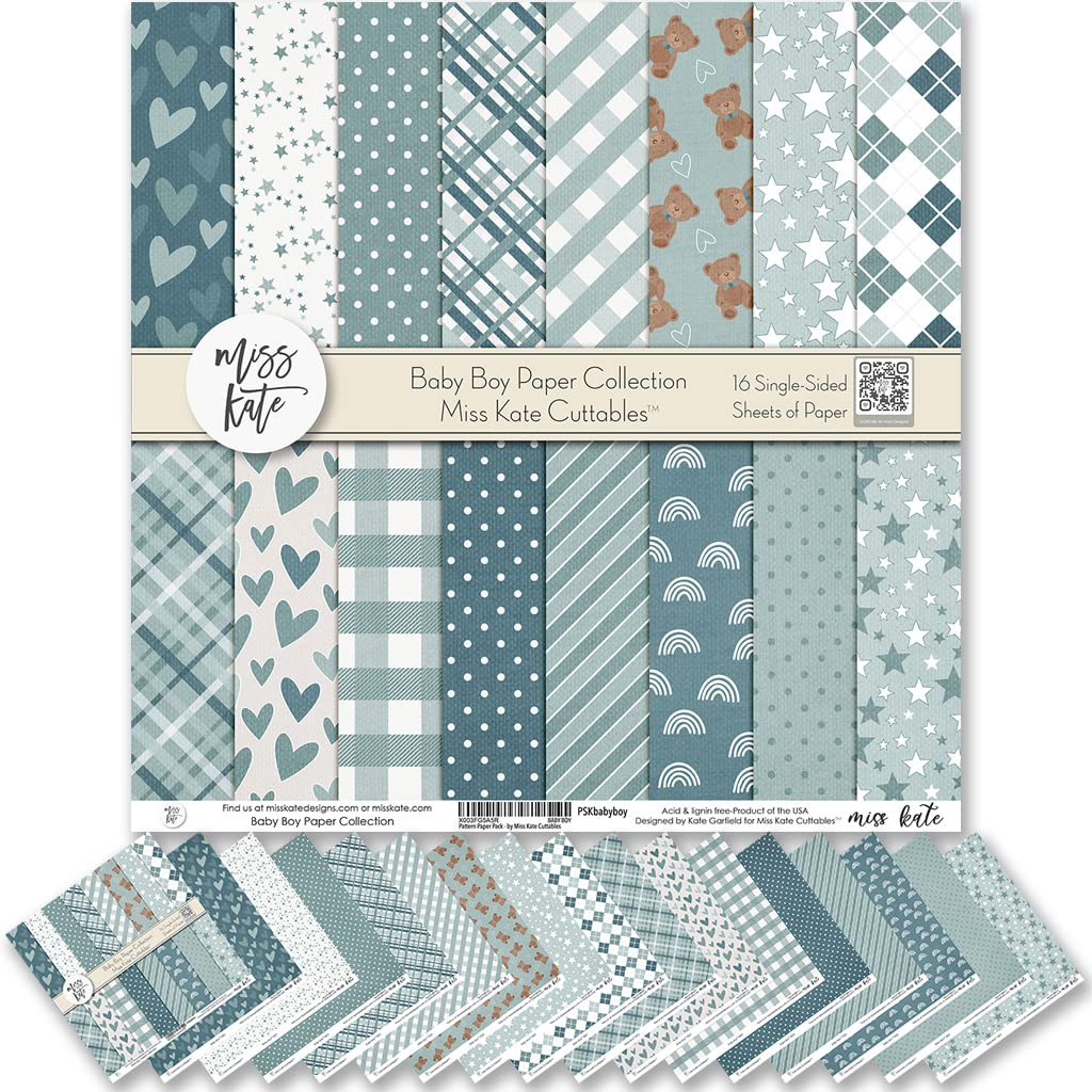Miss Kate Cuttables Pattern Paper Pack - Baby Boy - Gender Reveal Party New Born Scrapbook Premium Specialty Paper Single-Sided 12"x12" Collection