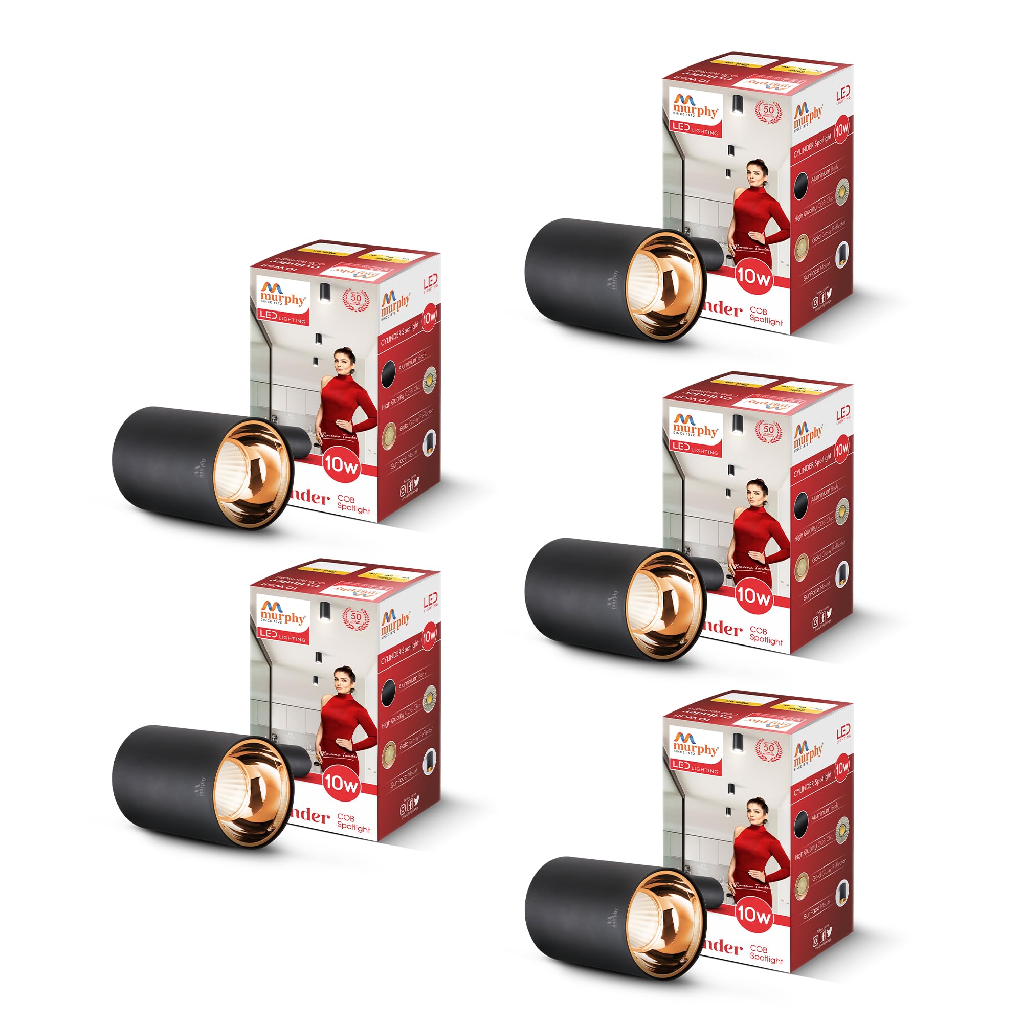 Murphy 10W Black Body Cylindrical Surface Mounted Spot Light Down Light (Warm White, Pack of 5)(Aluminium)