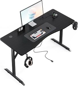 55 Inch Home Office Desk, Height Adjustable Standing Desk with Power Outlets & Cable Hole, Gaming Desk with Monitor Shelf & Cup Holder, Carbon Fiber Desktop, Gift Desk for Men and Boys