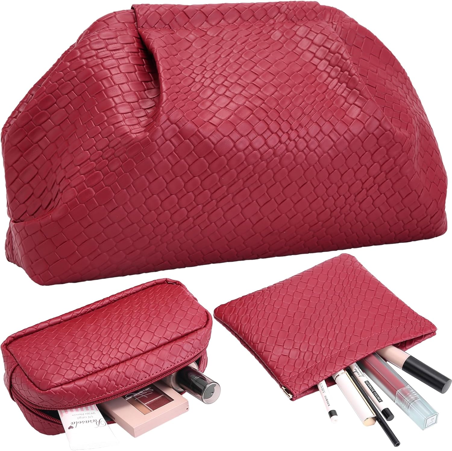 BOYATU Travel Makeup Bags for Women: Elegant Evening Woven Vegan Leather Make up Bag Clutch – 3 Pcs Set Large Capacity Compact Cosmetic Organizer for Purse, Ideal Bridesmaid Gift(Red)