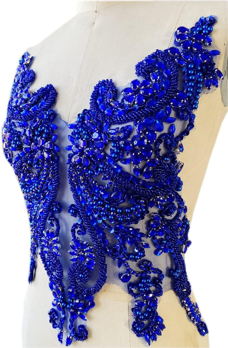 Handmade Rhinestones Lace Bodice Applique Sew on Beads Sequins Trimming Patches for Dress Clothing Accessories