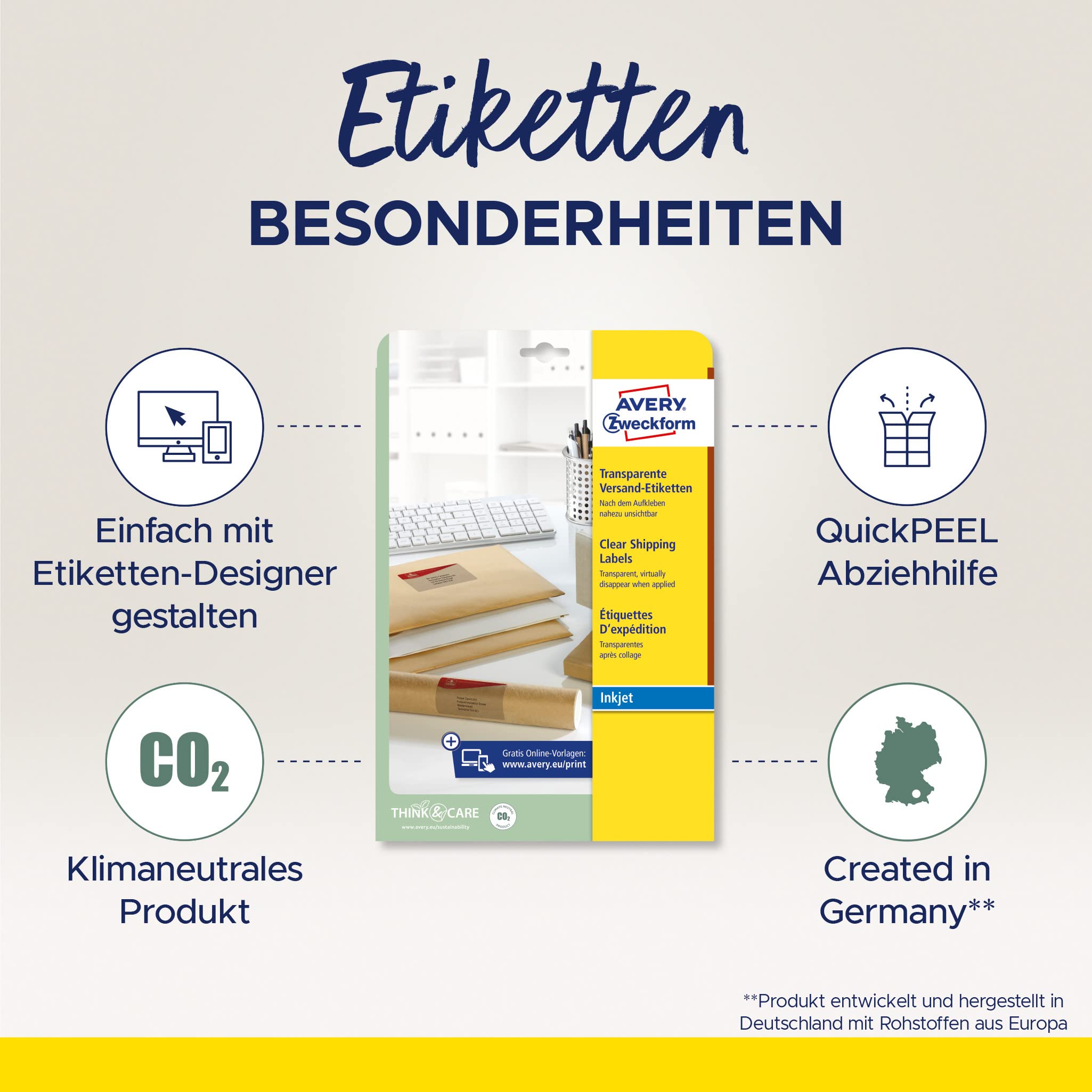 AVERY Zweckform J8567-25 Versandetiketten/Versandaufkleber (25 Etiketten, 210x297mm auf A4, bedruckbar, selbstklebend, für Inkjet-Drucker, für Pakete und Päckchen) 25 Blatt, transparent