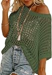 Dokotoo Womens Spring Summer Short Sleeve Sweater Beach Cover Ups Casual Crochet Hollow Out Knit Tops Pullover Shirts