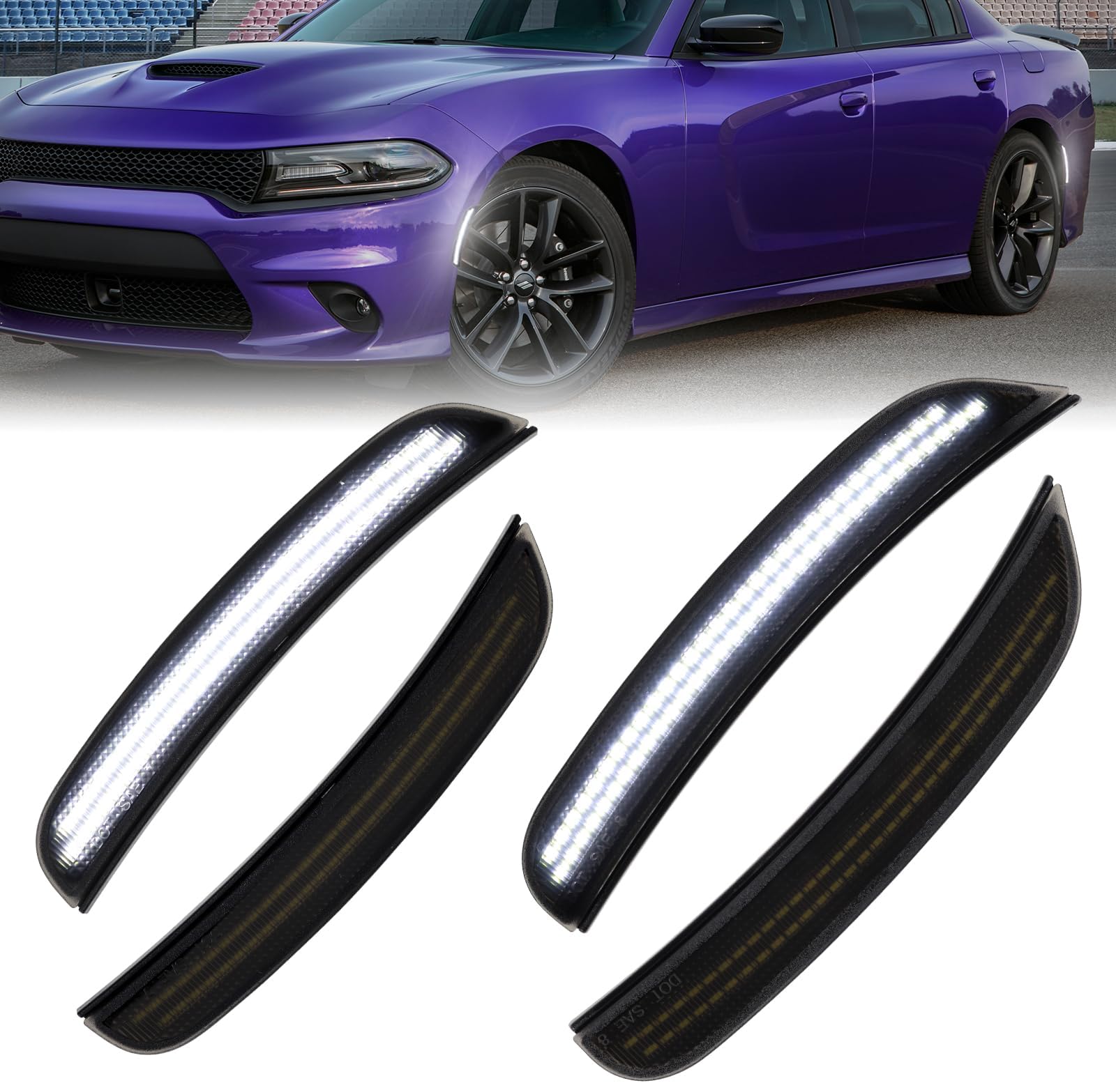 LED Side Marker Lights Bumper Lamp For Dodge Charger 2015-2022, Smoked Lens Front Rear Bumper Lights White LED Side Mirror Singnal Lights, Dual Row LED