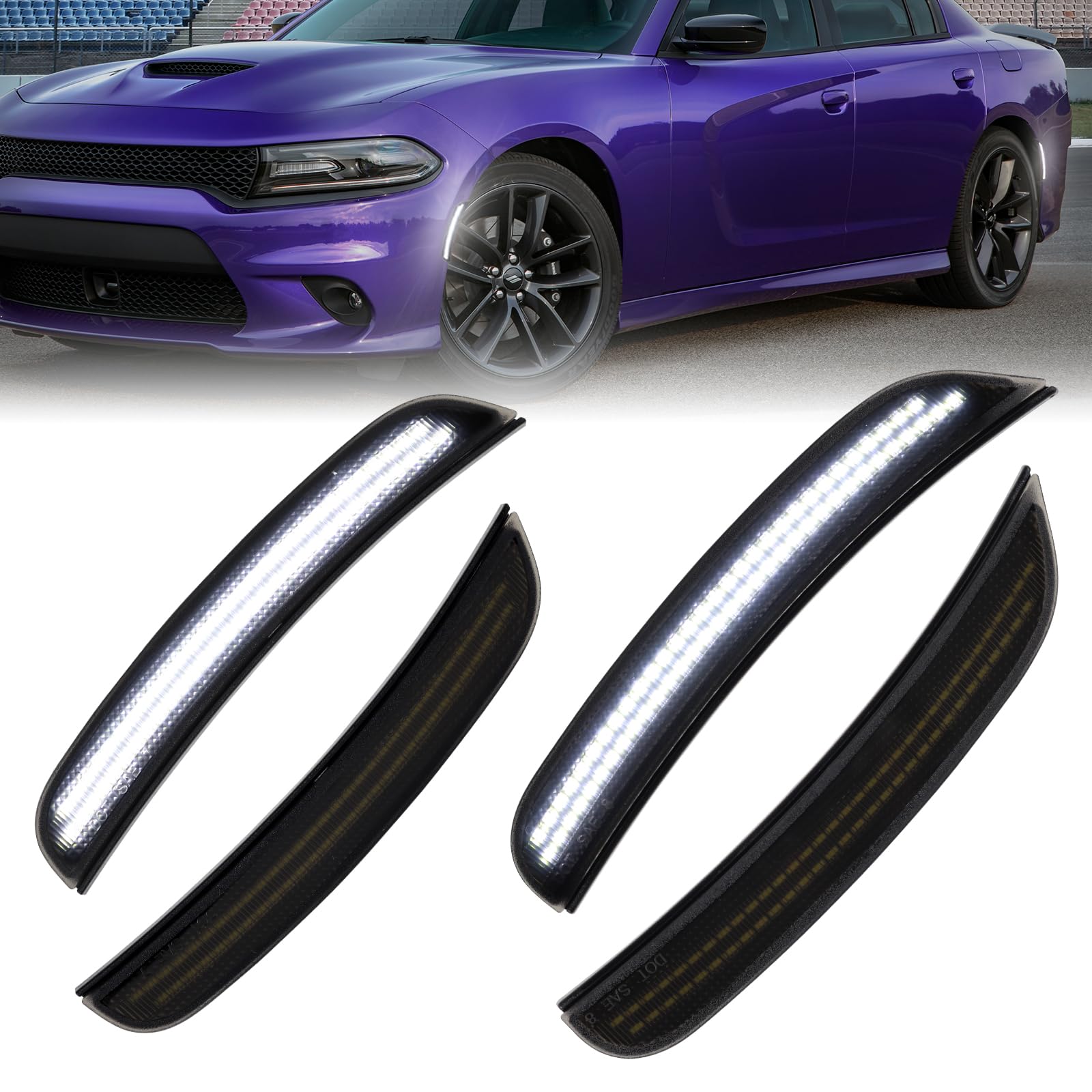 FetonAuto White LED Side Marker Lights for Dodge Charger 2015-2024, Smoked Lens Front Rear Bumper Lights with Dual Row Chips, Pure White LED Charger Side Markers Fender Parking Lamps