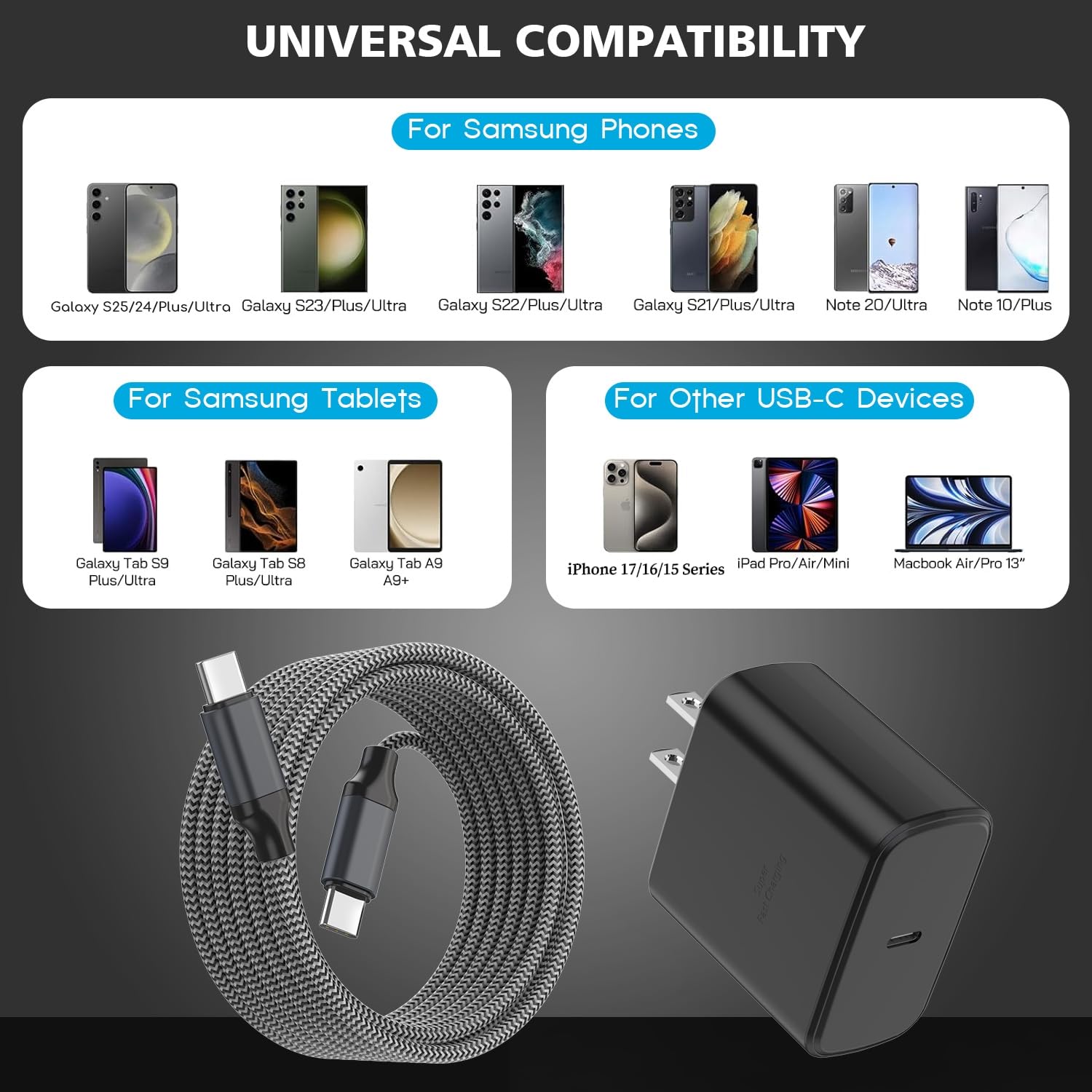 Confezione da 2 cavi di ricarica super veloci Samsung da 45 W, tipo C, 3 m, con USB C e caricabatterie Samsung, 3 m, cavo USB C-C per Sam sung Galaxy S25/S24+/Ultra/S22/S21/S20, iPhone17 Air/16/15 Pro