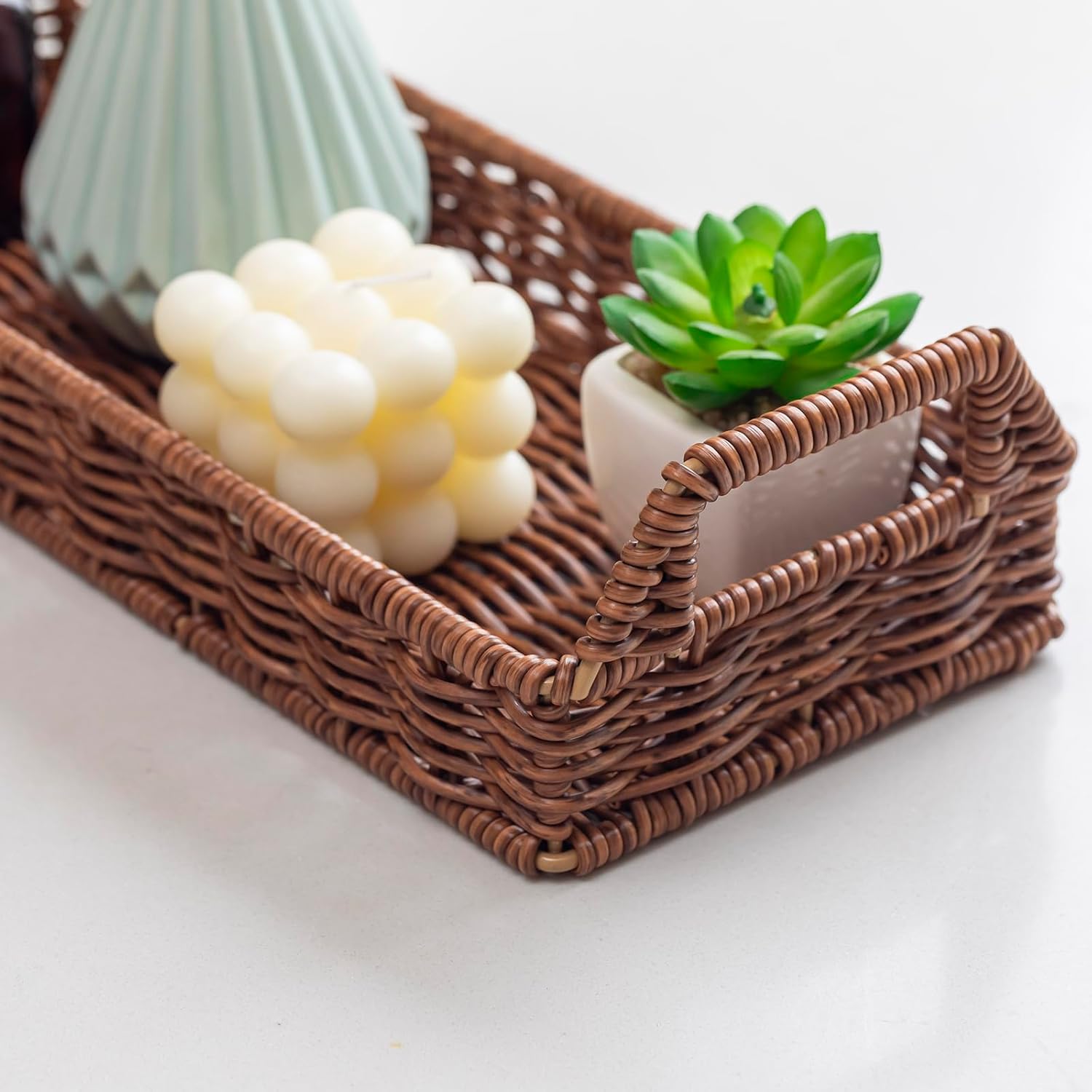 Toilet Tank Tray with Handles - Long Narrow Rattan Style Vanity Tray | Bathroom Sink Organizer, Guest Towel & Napkin Holder, Decorative Storage Basket for Bathroom, Toilet or Guest Room - Image 5