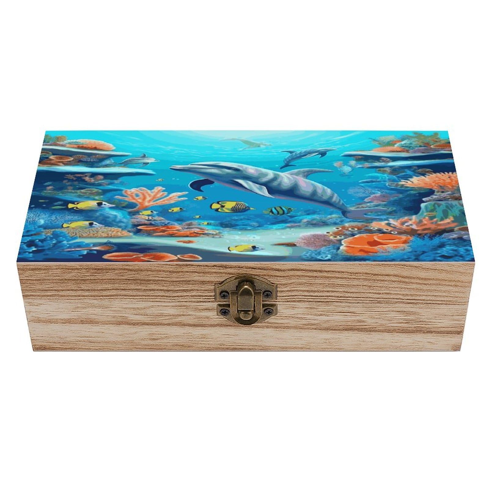 Adfgyerh Style Seabed Coral Fish Dolphins Bins Solid Wood，Jewelry Box Retro And Exquisite，Storage Box Used For Storing Photos, Souvenirs, Letters, Gifts, And Jewelry.