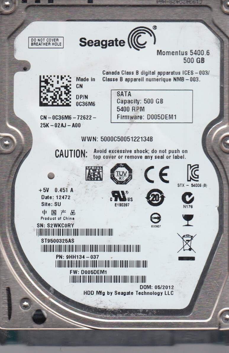 Amazon.com: ST9500325AS, 6VE, WU, PN 9HH134-286, FW 0002SDM1