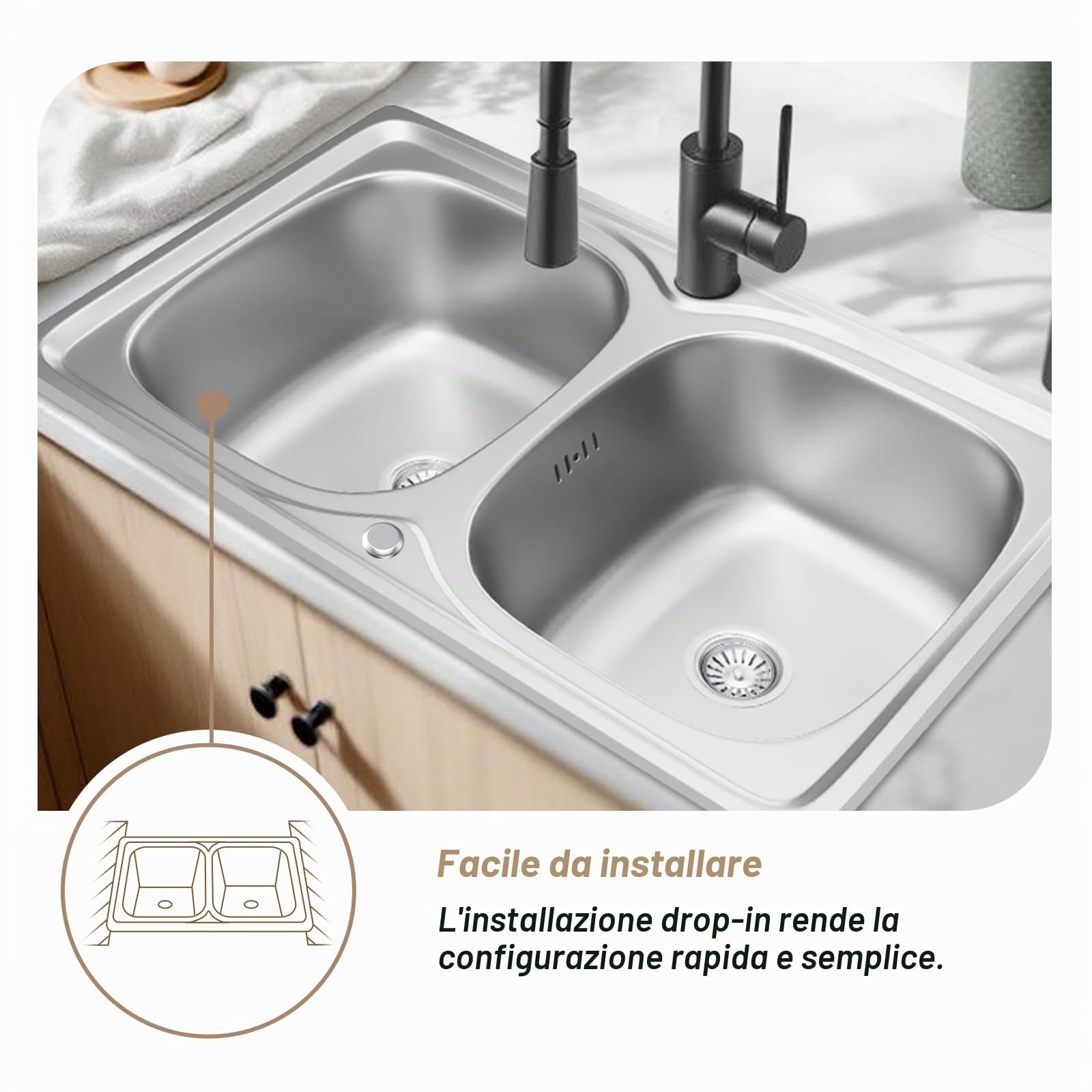 Lavello Cucina 1 Vasca con Set di Drenaggio, Lavabo Cucina con 2 Fori, Acciaio Inox (Acciaio inossidabile, 80 * 50)