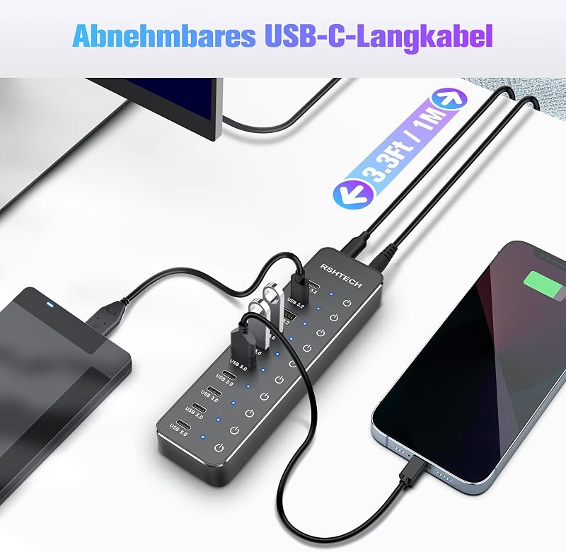 RSHTECH 10 portos USB-C hub tápegységgel, 3 USB 3.2 és 7 USB 3.0 porttal