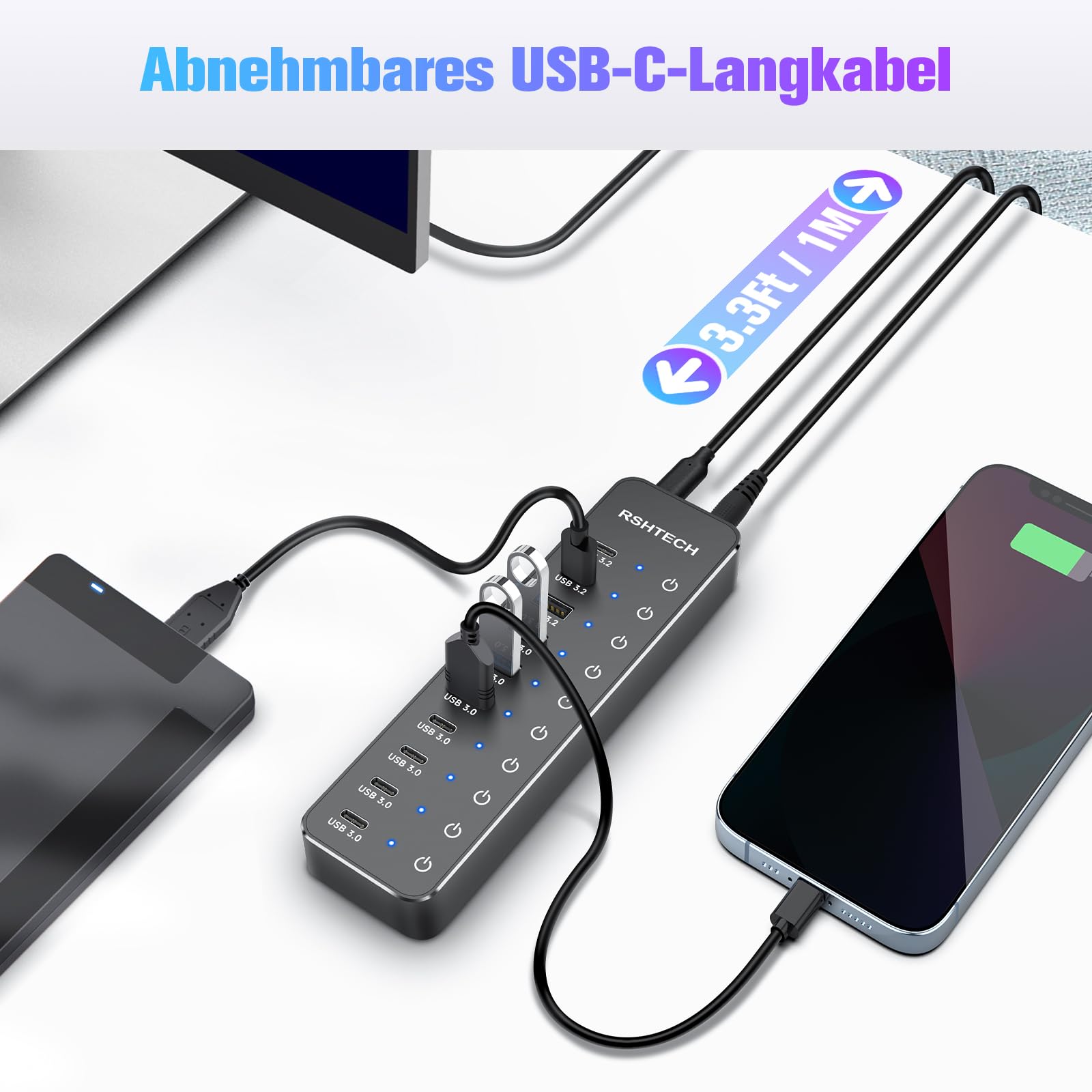 Hub USB Alimentado, RSHTECH 10 Puertos Hub USB 3.2/USB C con 3X 10Gbps Data Port (2C+1A), 7X 5Gbps 3.0 Ports (4C+3A), Alimentación 12V/5A 60W, Interruptores Individuales USB HUB, RSH-ST10C-6
