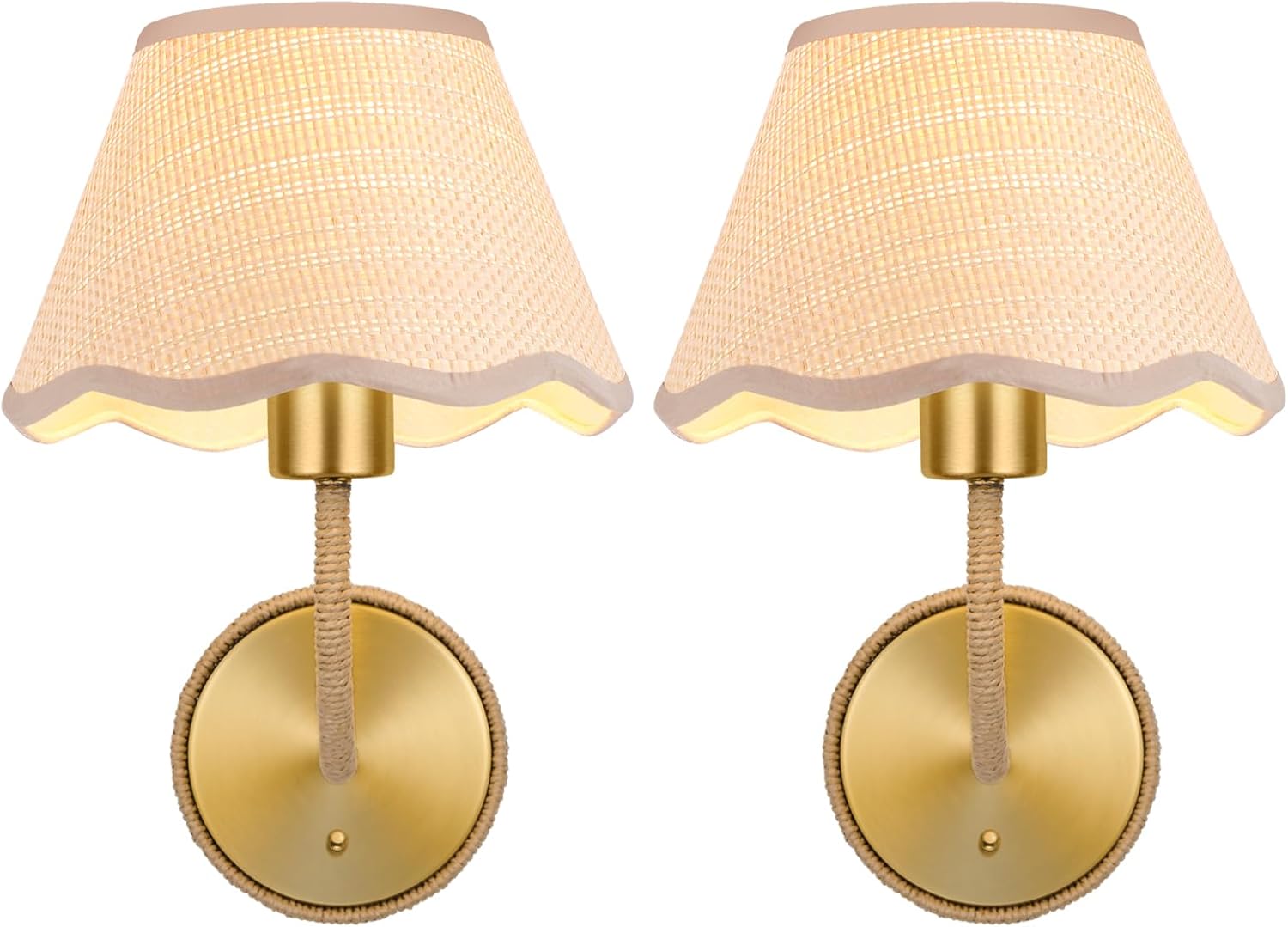 Boho Rattan Wall Sconces Set of Two Brass Wall Lamp Farmhouse Wall Mount Light Hardwired Wall Sconces Lighting for Bedroom Living Room Hallway Vanity