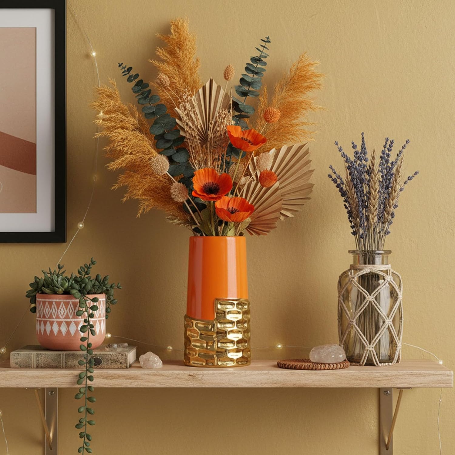 Orange Gold Ceramic Art Deco Vase for Pampas Grass Decorative-Decorative Statue for Home Decor,Elegant Centerpiece Vase for Thanksgiving/Fall Flowers,Cute MCM for Living Room/Office