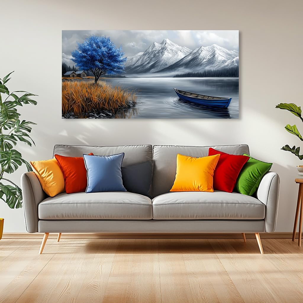 GAFSING Navy Blue Lake Wall Art for Living Room Office Calming Boat Mountain Cabin Painting Prints Vintage Canvas Artwork Farmhouse Bedroom Decor (16x32 Inches)