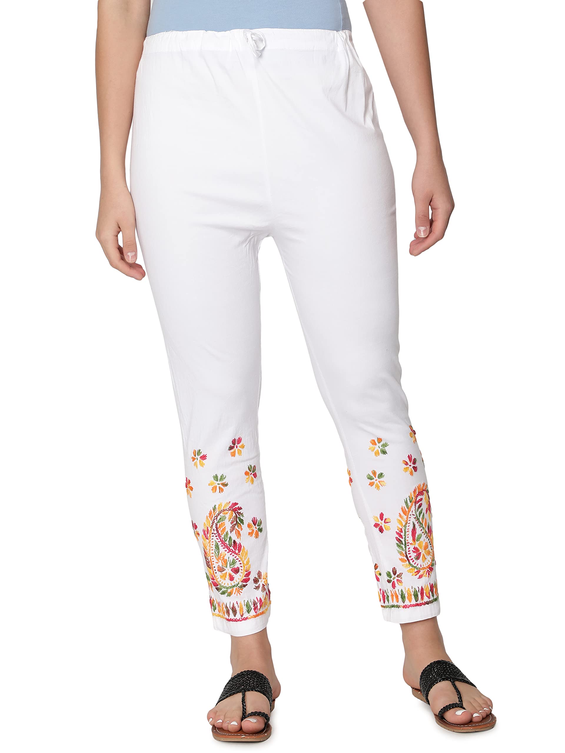 Seva Chikan Hand Embroidered White Cotton Lucknawi Chikankari Trouser Pants for Womens SCL11008