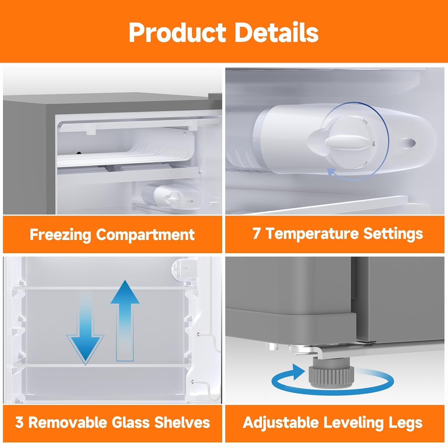 Mini Fridge With Freezer, 4.3 Cu.Ft ,Single Door Refrigerator With 7 Settings Temperature Adjustable and 3 Removeble Shelves, Low Noise, Dorm Fridge, Mini Refrigerator for Bedroom, Office, Dorm