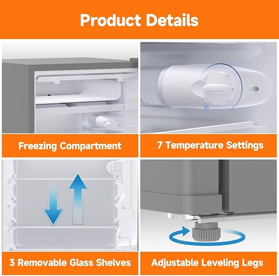4.3 Cu.Ft Mini Fridge With Freezer, Single Door Mini Fridge, 7 Adjustable Thermostat, 3 Removeble Shelves,Energy-Efficient Low Noise, Compact Fridge for Bedroom, Office, Dorm,White