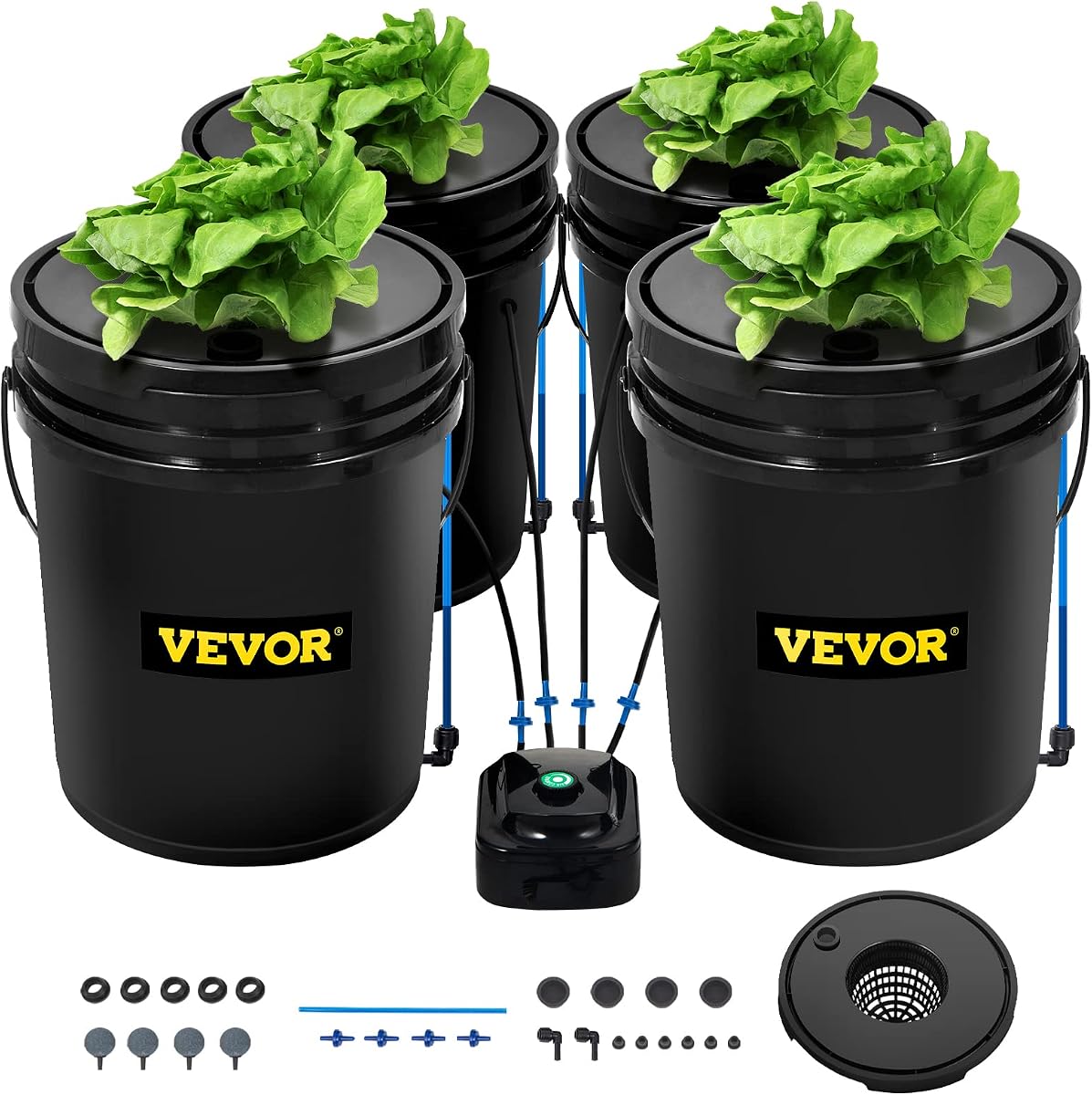 DWC Sistema hidropónico, 5 galones, 4 cubos, cubo de cultivo de agua profunda, kit de cultivo hidropónico con bomba, piedra de aire y dispositivo de nivel de agua, para verduras de hoja interior/exterior