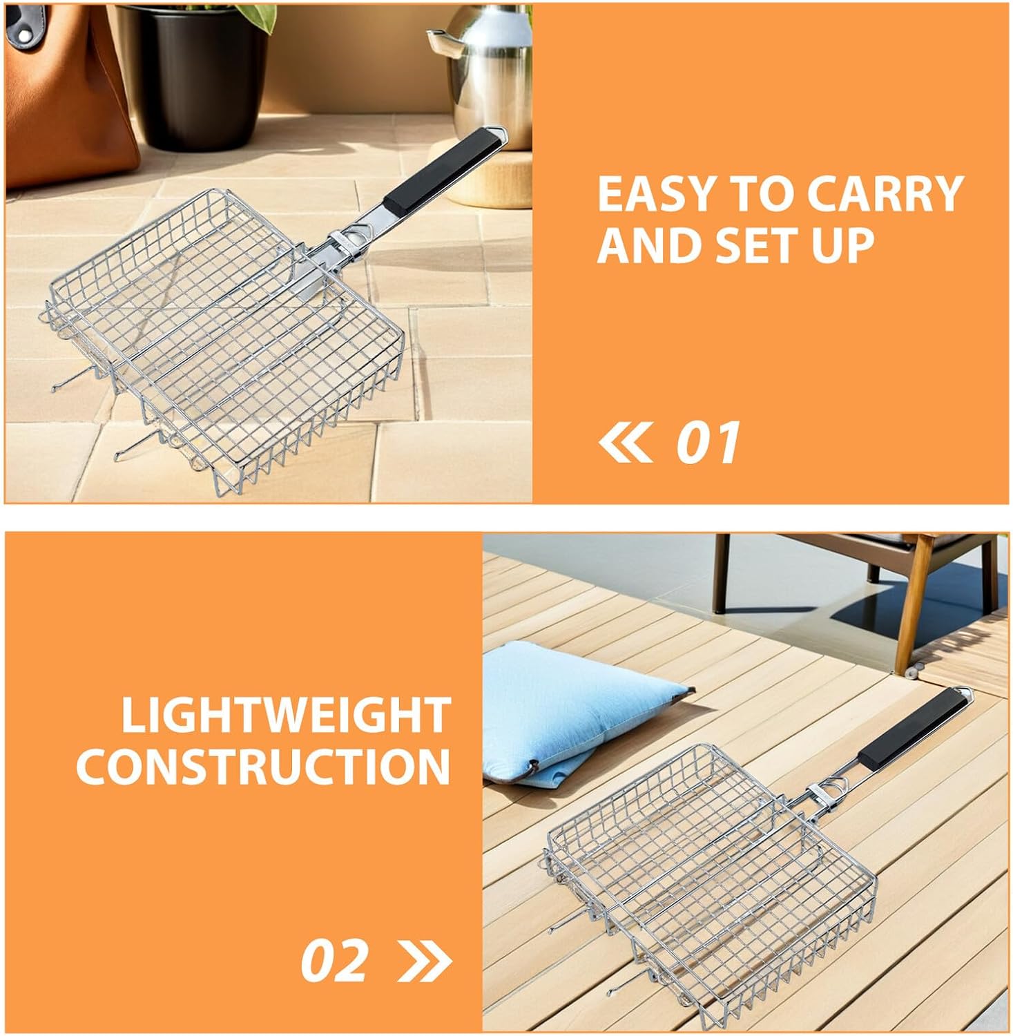 FAVOMOTO 2pcs Foldable Stainless Steel Bbq Grill Rack Set with Wooden Handles for Outdoor Camping, Fish and Vegetable Cooking Basket, Metal Barbecue Accessory